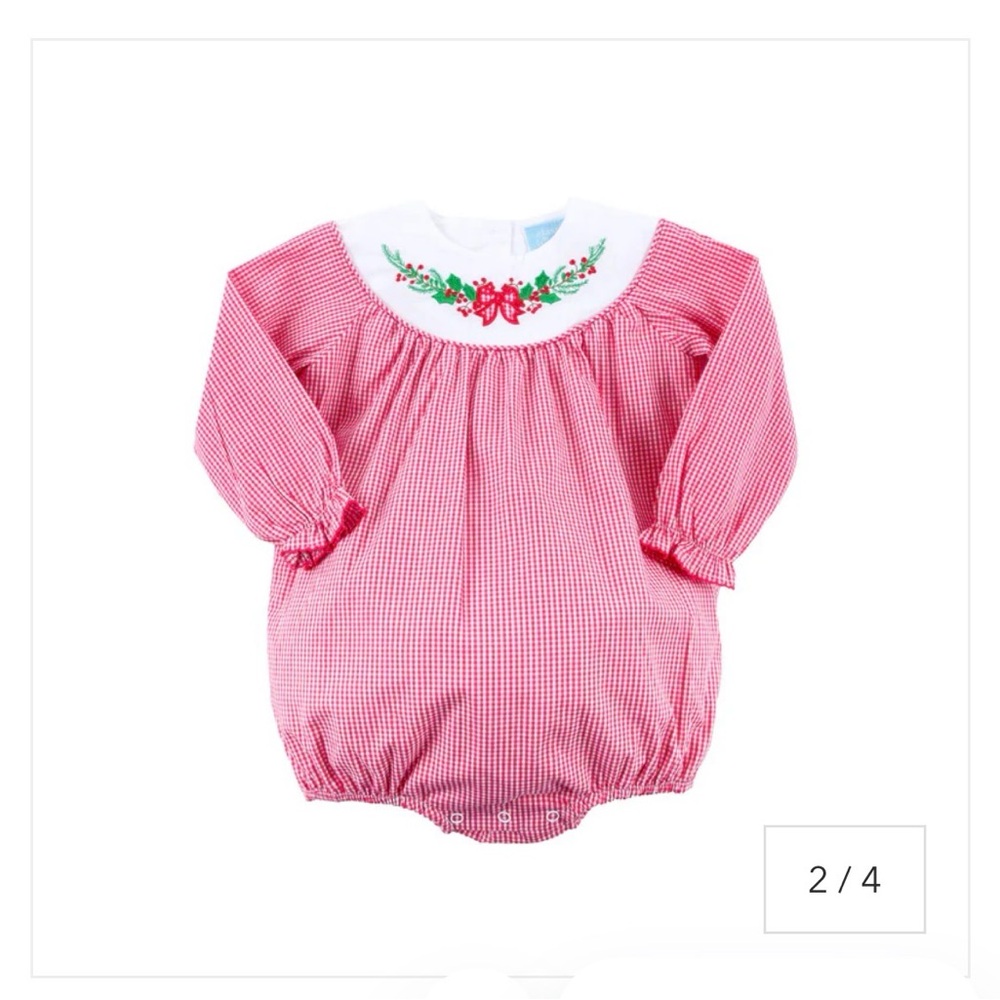 Red Gingham Baby Bubble with Floral Embroidery